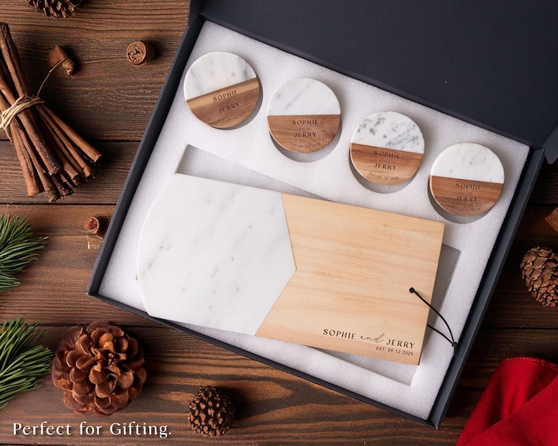 Bridal Shower Gift, Personalized Coasters, Housewarming Gifts, Custom Coaster Set, Marble and Wood image 11