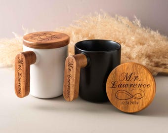 Custom Couple Ceramic Cup Gift Personalized Mug with Wood Handle, Housewarming Gift for Newlywed, Birthday Anniversary mugs set Gift idea