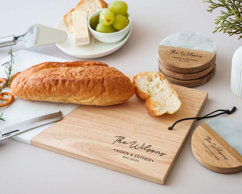 Custom Serving Tray, Wood Cutting Board, Marble Coaster Set: Wedding, Housewarming, Christmas image 9