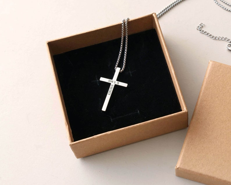 Personalized Cross Necklace Black Silver Gold Cross Pendant Necklace Vaelentines Day Gifts for Him Anniversary Gift Baptism Gifts image 10