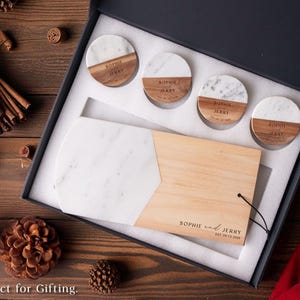 Custom Serving Tray, Wood Cutting Board, Marble Coaster Set: Wedding, Housewarming, Christmas image 12