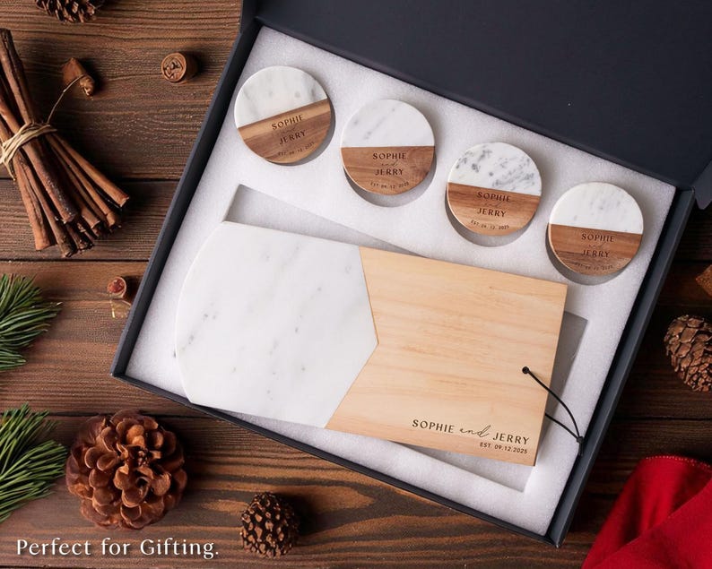 Custom Serving Tray, Wood Cutting Board, Marble Coaster Set: Wedding, Housewarming, Christmas image 12