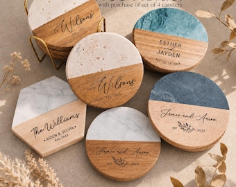 Set di sottobicchieri personalizzati, regalo di nozze personalizzato, sottobicchieri in marmo e legno, regali per fidanzamento e inaugurazione della casa.