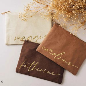 Personalized Makeup Bag with Gold Name, Bridesmaid Proposal Gift, Custom Canvas Cosmetic Pouch, Bachelorette Party Favors [MUB-0105] image 1
