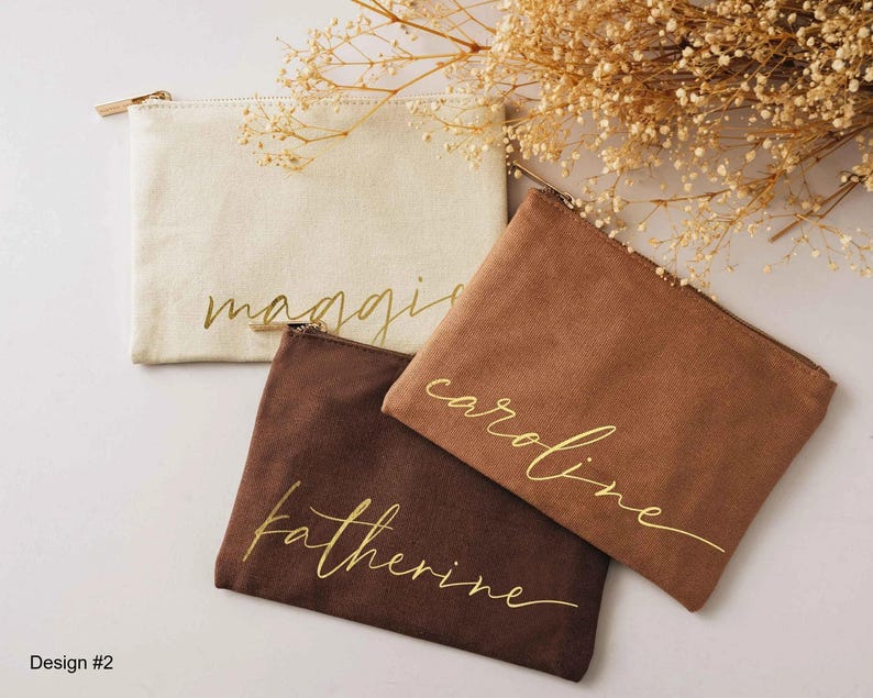 Personalized Makeup Bag with Gold Name, Bridesmaid Proposal Gift, Custom Canvas Cosmetic Pouch, Bachelorette Party Favors [MUB-0105] image 1