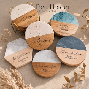 Custom Coasters Set, Personalized Wedding Gift, Marble and Wood Coaster, Engagement, Housewarming Gifts