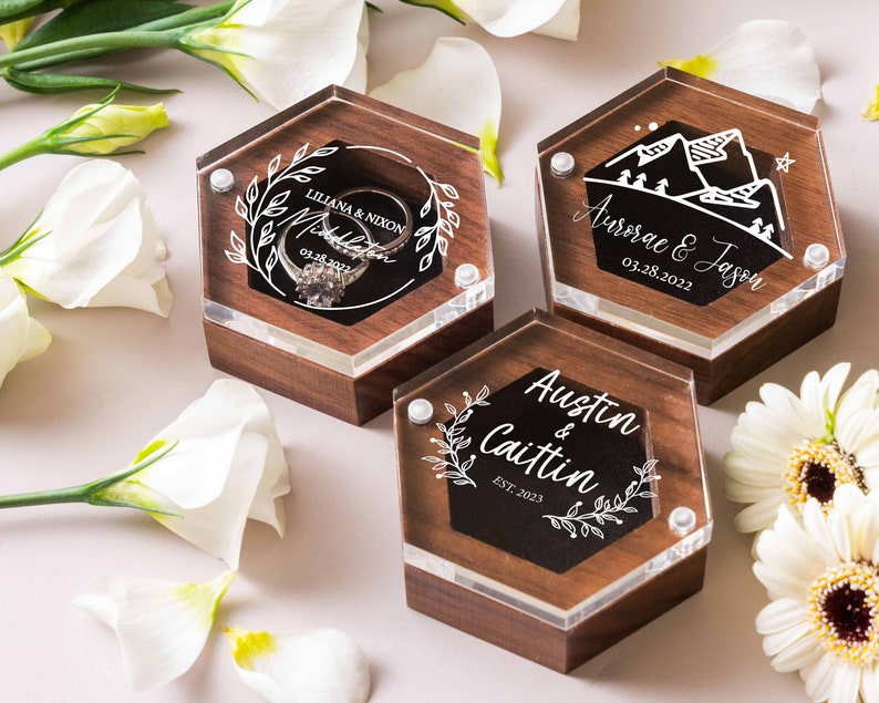 Personalized Wedding Ring Box Ring Bearer with Acrylic Lid & Wood Base Engraved Ring Box for Engagement Wedding Ceremony Keepsake Box image 5