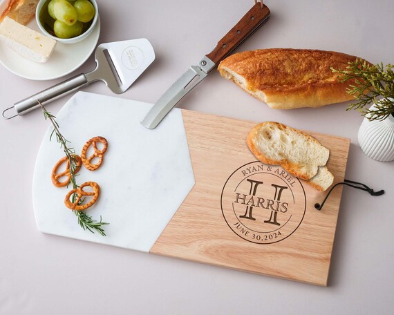 Monogrammed Wood Cutting Board, Custom Serving Tray, Marble Coaster Set