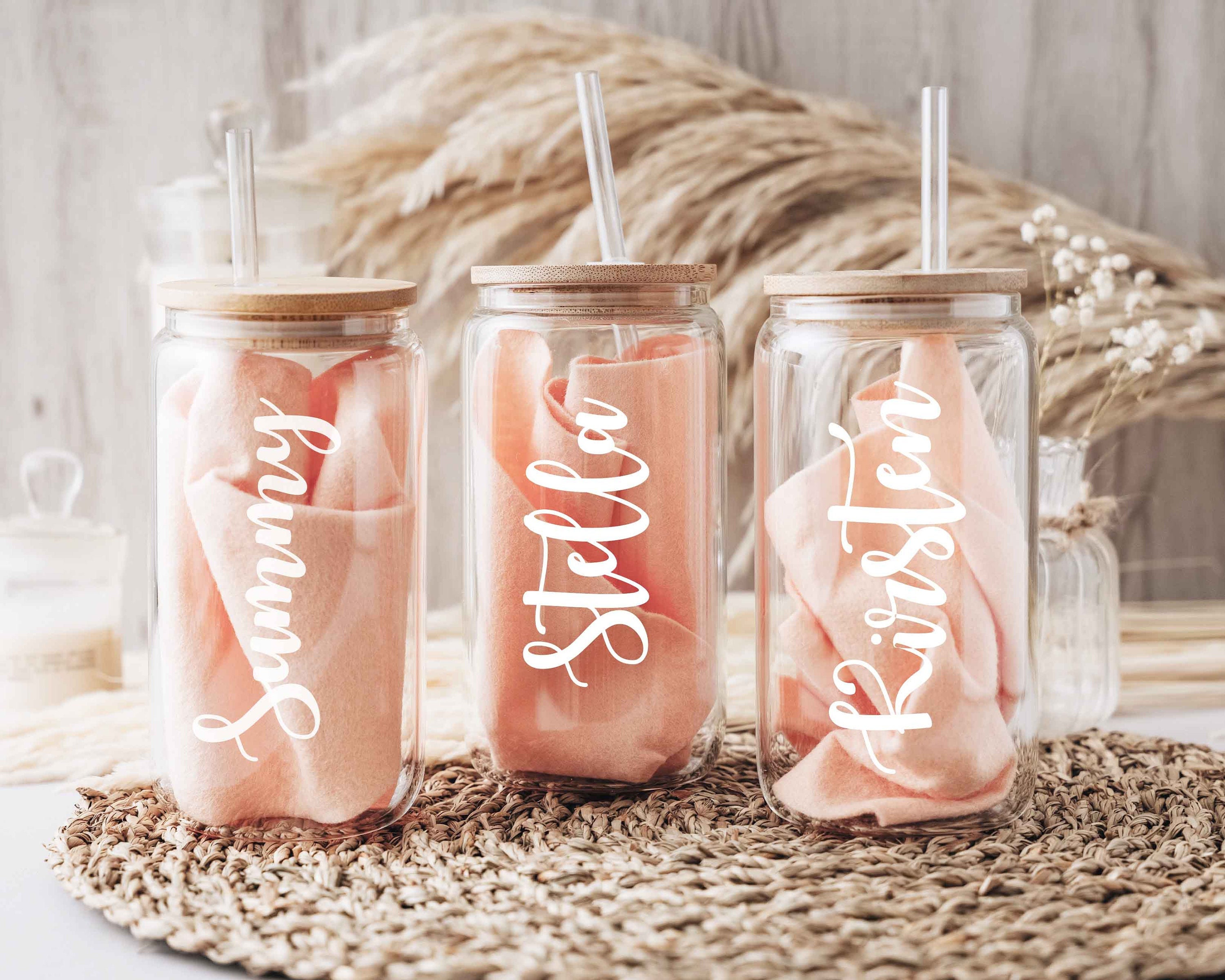 Personalized Glass Cup With Lid, Iced Coffee Glass, Bridesmaid Proposal Gifts, Christmas Gift, Bachelorette Party Favors