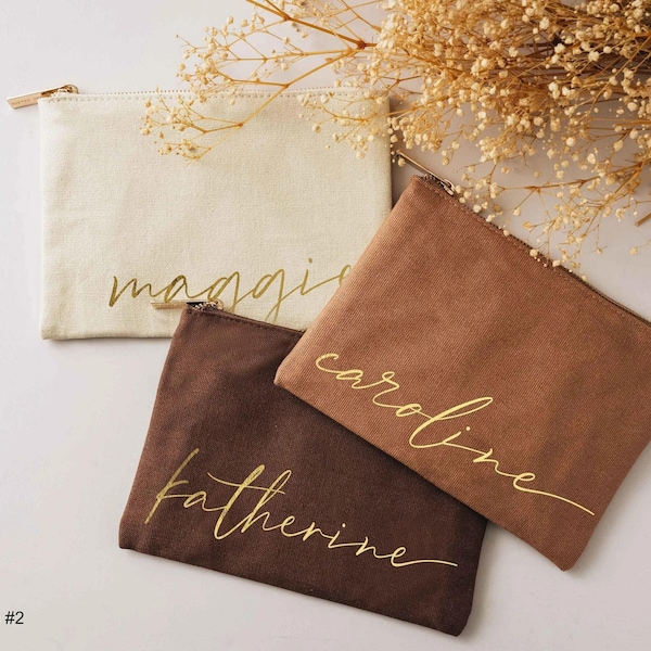 Personalized Makeup Bag with Gold Name, Bridesmaid Proposal Gift, Custom Canvas Cosmetic Pouch, Bachelorette Party Favors [MUB-0105]