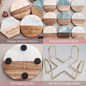 Bridal Shower Gift, Personalized Coasters, Housewarming Gifts, Custom Coaster Set, Marble and Wood image 7