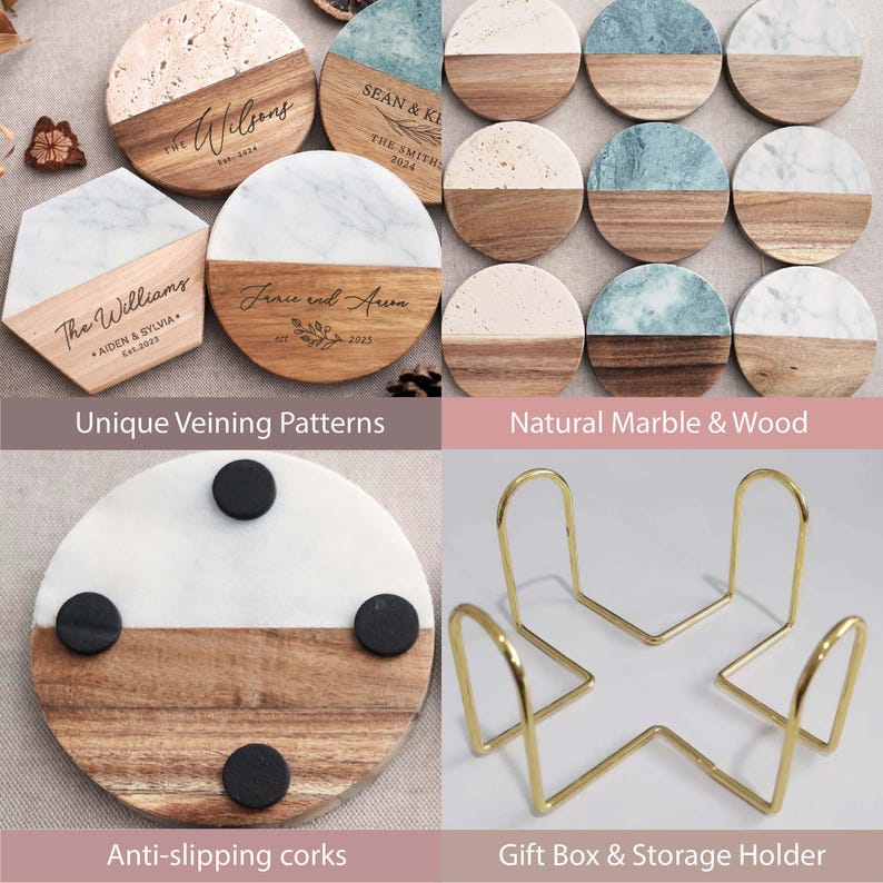 Bridal Shower Gift, Personalized Coasters, Housewarming Gifts, Custom Coaster Set, Marble and Wood image 7