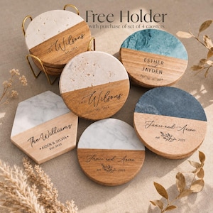 Personalisierte Untersetzer, Set mit individuellen Motiven, Hochzeitsgeschenk, Untersetzer aus Marmor und Holz, Verlobungsgeschenk, Einzugsgeschenk