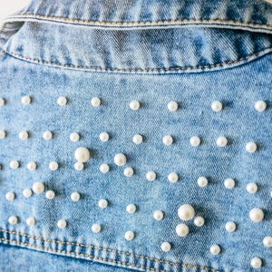 Pearl Jean Jacket with Personalized Letters: Mrs Denim Jacket for Bride, Wedding Photo, Bridal Party, Honeymoon Couple Outfit image 9