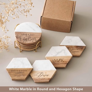 Bridal Shower Gift, Personalized Coasters, Housewarming Gifts, Custom Coaster Set, Marble and Wood image 8