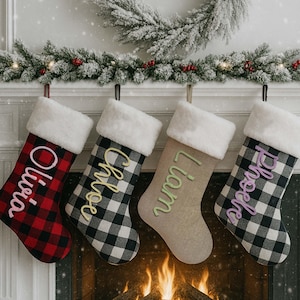 Plaid Christmas Stocking with Custom Name, 2025 Personalized Holiday Stocking in Cotton Rope Lettering, Christmas Mantel Decoration