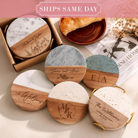 Bridal Shower Gift, Personalized Coasters, Housewarming Gifts, Custom Coaster Set, Marble and Wood