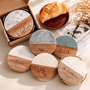 Geschenkidee für den Junggesellinnenabschied, personalisierte Untersetzer, Einzugsgeschenk, individuelles Untersetzer-Set, Marmor und Holz