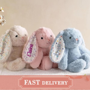 Custom Stuffed Animal, Personalized Plush Bunny: Easter Gift for Kid, Floral Ears with Embroideried Name, Easter Bunny Toddler Gift
