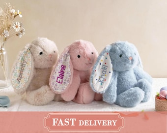Custom Stuffed Animal, Personalized Plush Bunny: Easter Gift for Kid, Floral Ears with Embroideried Name, Easter Bunny Toddler Gift