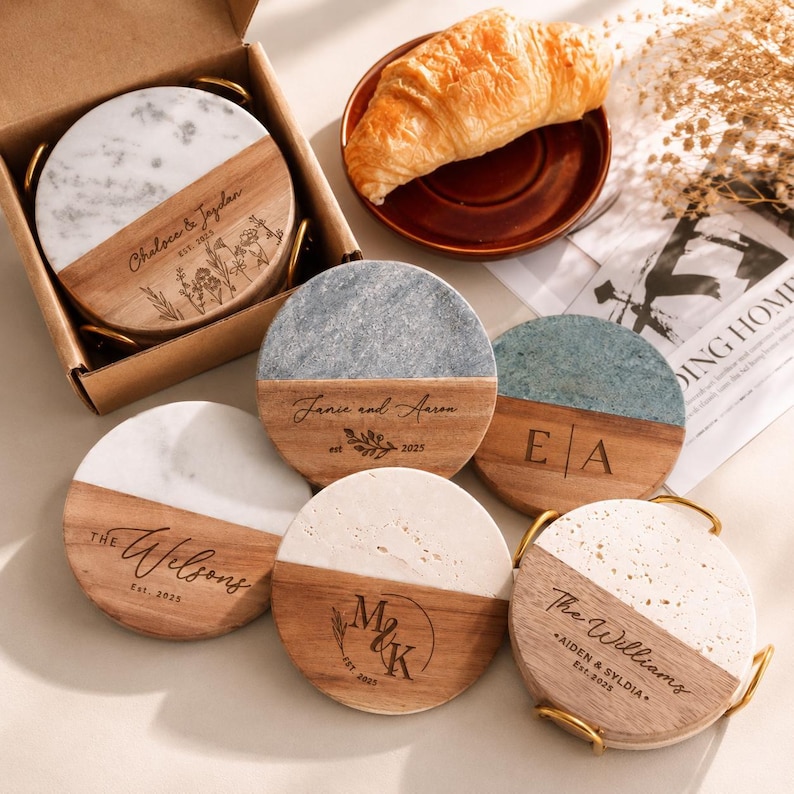 Bridal Shower Gift, Personalized Coasters, Housewarming Gifts, Custom Coaster Set, Marble and Wood image 1