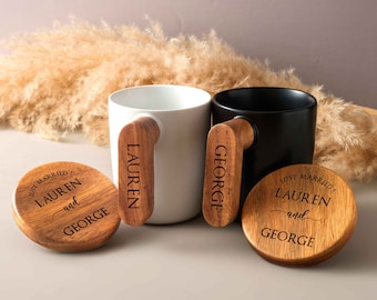 Personalized Couple Mug | Newlywed Gift | Ceramic Cup with Wood Handle| Bridal Shower Gifts | Anniversary Gifts for Husband | Bride Gift