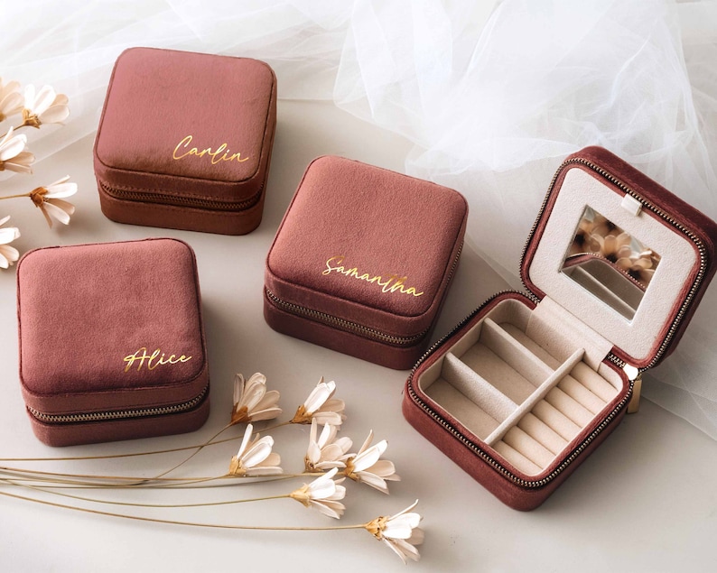 Custom Velvet Travel Jewelry Case Bridesmaid Gifts Proposal Valentines Day Gift Personalized Italian Velvet Jewelry Box Bridal Party image 10