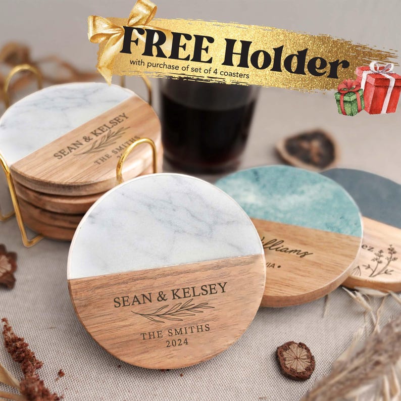 Bridal Shower Gift, Personalized Coasters, Housewarming Gifts, Custom Coaster Set, Marble and Wood image 14