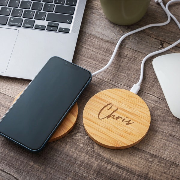 Personalized Bamboo Wireless Charger | Custom Wooden Wireless Charger | Boyfriend Birthday Gifts | Gifts for Dad & Mom | Best Friend Gifts