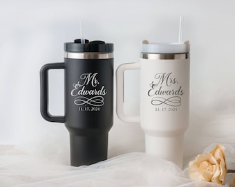 Personalized Couple Gift | Custom 40oz Tumbler with Handle & Straw | Mr. Mrs. Gifts Travel Cup | Christmas Gifts for Husband | Anniversary