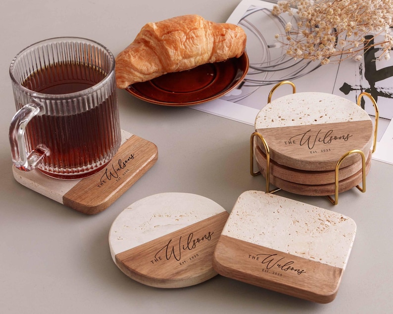 Custom Coasters Set of 4, Housewarming Gift, Personalized Cutting Board Coaster, Wedding Gift [WW]