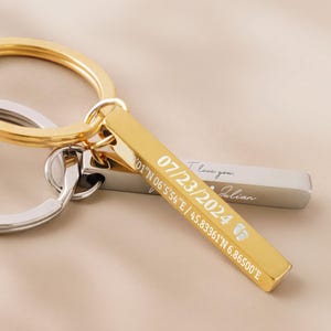 Custom Metal Bar Keychain: Engraved Initials, Names, Location Coordinates, Love Words; Personalized Gift Under 10 [WW]