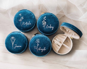 Birth Flower Travel Jewelry Case | Bridal Party Gifts | Bridesmaid Proposal | Custom Velvet Jewelry Box | Birthday Gift for Her