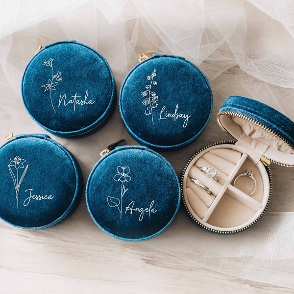 Birth Flower Travel Jewelry Case | Bridal Party Gifts | Bridesmaid Proposal | Custom Velvet Jewelry Box | Birthday Gift for Her