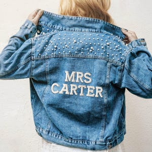Pearl Jean Jacket with Personalized Letters: Mrs Denim Jacket for Bride, Wedding Photo, Bridal Party, Honeymoon Couple Outfit image 5