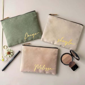 Personalized Makeup Bag with Gold Name, Bridesmaid Proposal Gift, Custom Canvas Cosmetic Pouch, Bachelorette Party Favors [MUB-0105] image 8