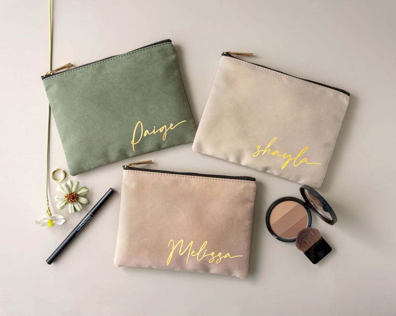 Personalized Makeup Bag with Gold Name, Bridesmaid Proposal Gift, Custom Canvas Cosmetic Pouch, Bachelorette Party Favors [MUB-0105] image 8