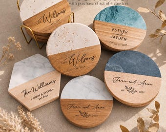 Custom Coasters Set, Personalized Wedding Gift, Marble and Wood Coaster, Engagement, Housewarming Gifts