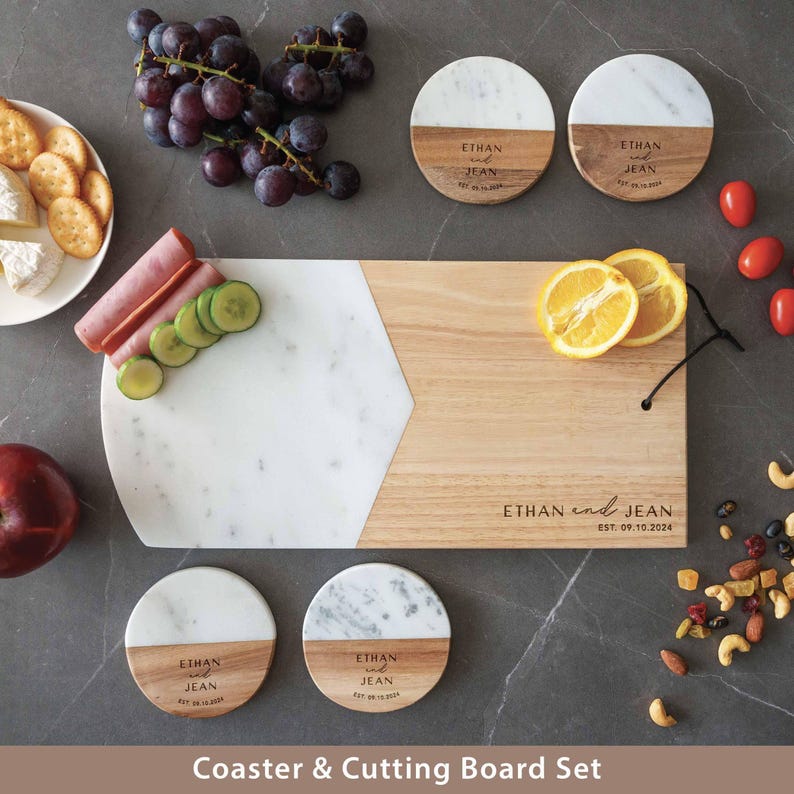Bridal Shower Gift, Personalized Coasters, Housewarming Gifts, Custom Coaster Set, Marble and Wood image 13