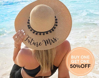 Bride Beach Hat | Pom Pom Sun Hat | Personalized Mrs Gift | Floppy Hat | Bachelorette Party Gifts | Bridal Shower Gifts | Bridesmaid Gifts