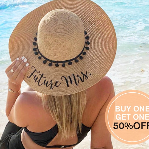 Bride Beach Hat | Pom Pom Sun Hat | Personalized Mrs Gift | Floppy Hat | Bachelorette Party Gifts | Bridal Shower Gifts | Bridesmaid Gifts