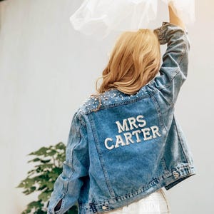 Pearl Jean Jacket with Personalized Letters: Mrs Denim Jacket for Bride, Wedding Photo, Bridal Party, Honeymoon Couple Outfit image 8