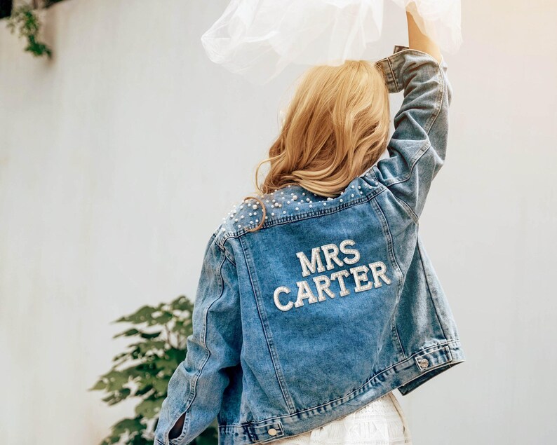 Pearl Jean Jacket with Personalized Letters: Mrs Denim Jacket for Bride, Wedding Photo, Bridal Party, Honeymoon Couple Outfit image 8