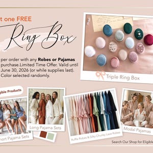 The image is a promotional advertisement for a free Ring Box, featuring various pajama sets and a collection of pajama buttons.