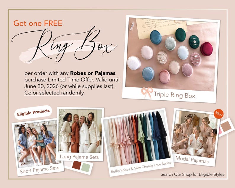 The image is a promotional advertisement for a free Ring Box, featuring various pajama sets and a collection of pajama buttons.
