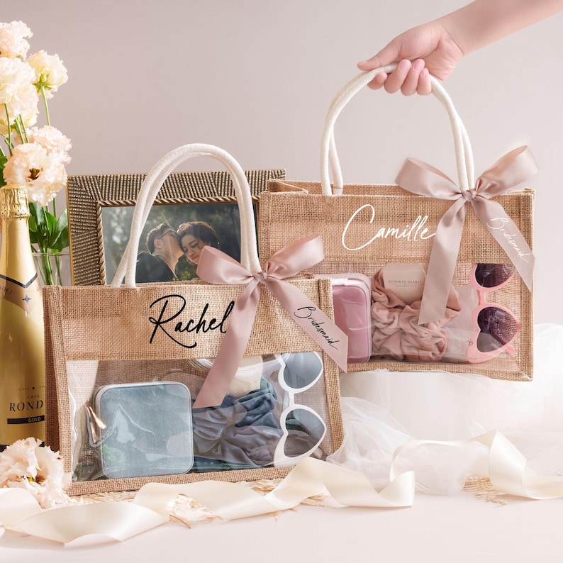 Sac en toile de jute personnalisé, sac pour demoiselles d'honneur, sac de plage, cabas, sac en paille, demande en mariage, cadeau de mariage, sac en jute, cadeau pour elle image 1
