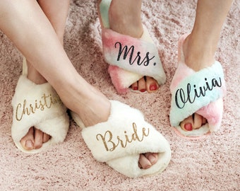 Personalized Soft Slippers for Women, Bridemaid Proposal Name Gifts, Pluffy Open Toe Mule Slippers in Pink Gray Mocha Rainbow