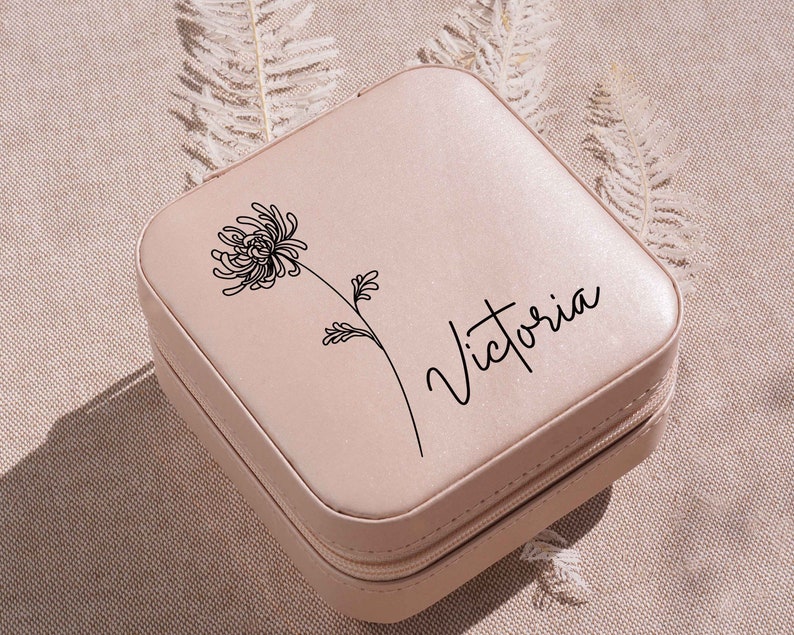 Bridesmaid Jewelry Box Galentines Gifts for Women Personalized Travel Jewelry Case Birth Flower Gift Birthday Gift for Her image 5