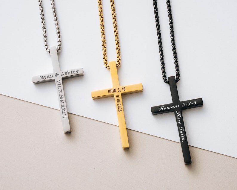 Personalized Cross Necklace | Black Silver Gold Cross Pendant Necklace | Vaelentines Day Gifts for Him | Anniversary Gift | Baptism Gifts