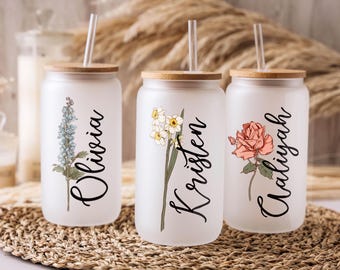 Bridesmaid Gifts Tumbler, Personalized Birth Flower Tumbler Gifts, Customized Glass Tumbler, Gift for Her, Frosted Glass Bridal Party Favors